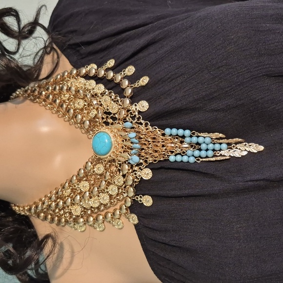 bebe Jewelry - Bebe Gold and Blue Tassle Pendant Necklace NWOT